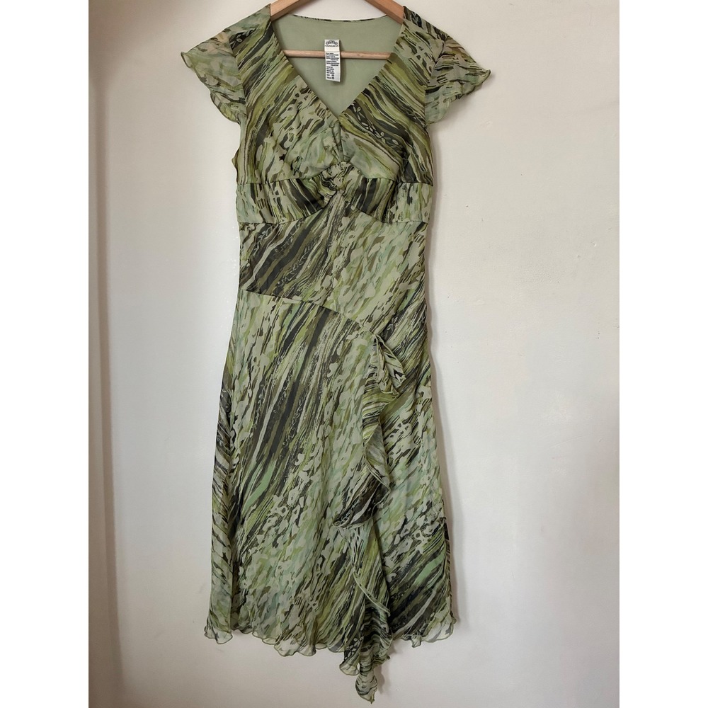 Sangria Green Y2K Abstract Print Fairy Ruffle Midi Dress Flutter Sleeve Size 10
